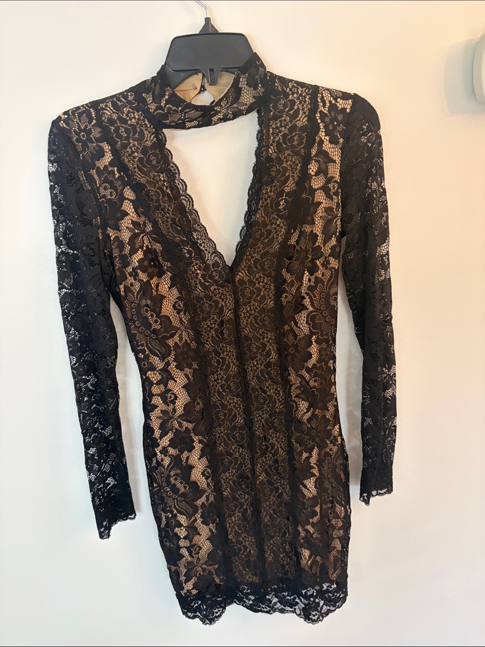 Black Lace Long Sleeve Mini Dress with Choker Neck